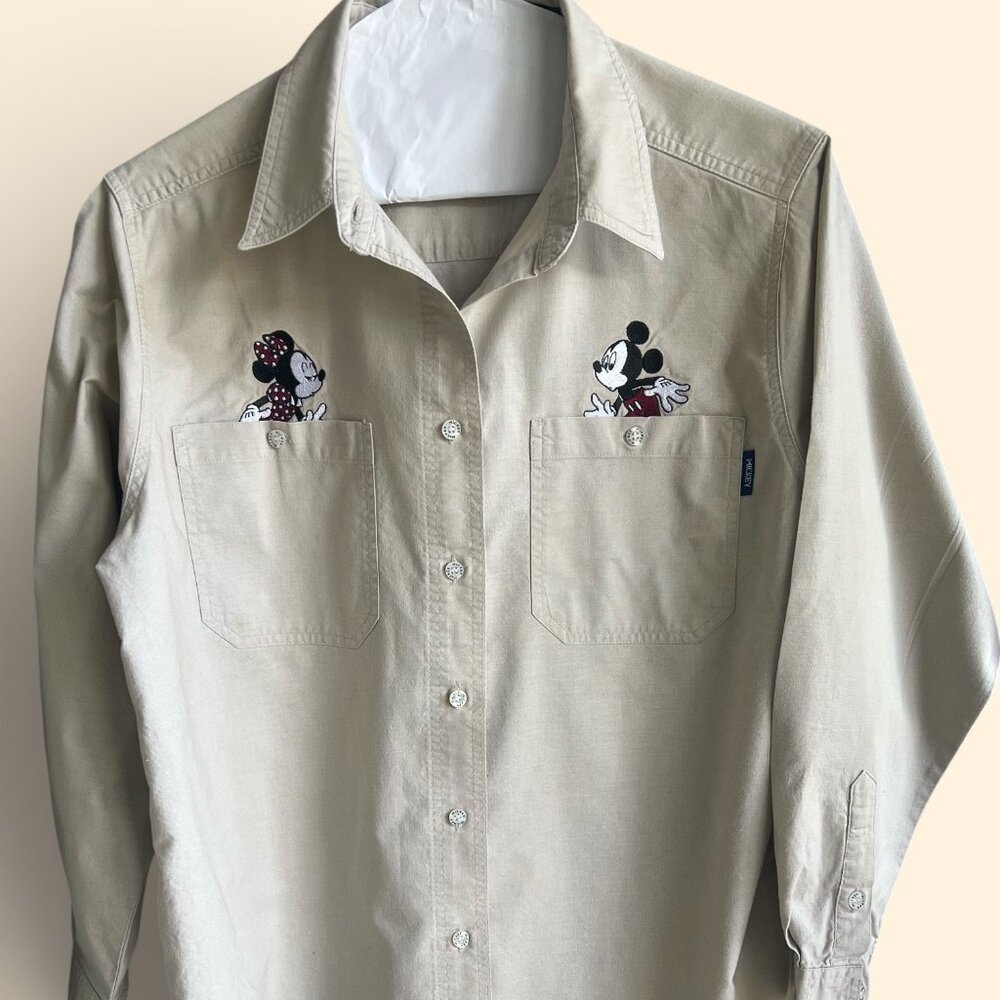 Disney Mickey & Minnie Khaki Button Down Shirt Women's L Casual Summer Top Y2K